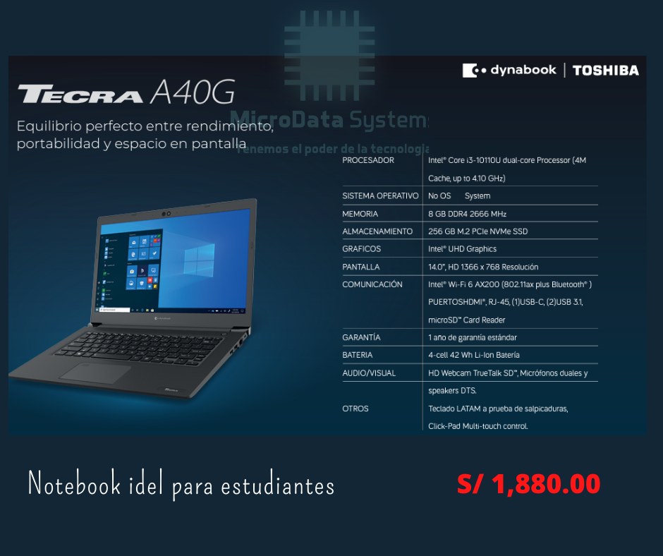 Laptop Toshiba Dynabook Tecra A40-G Intel Core i3-10110U RAM 8GB, Sólido SSD 256GB, LED 14&quot; Full HD, Free DOS